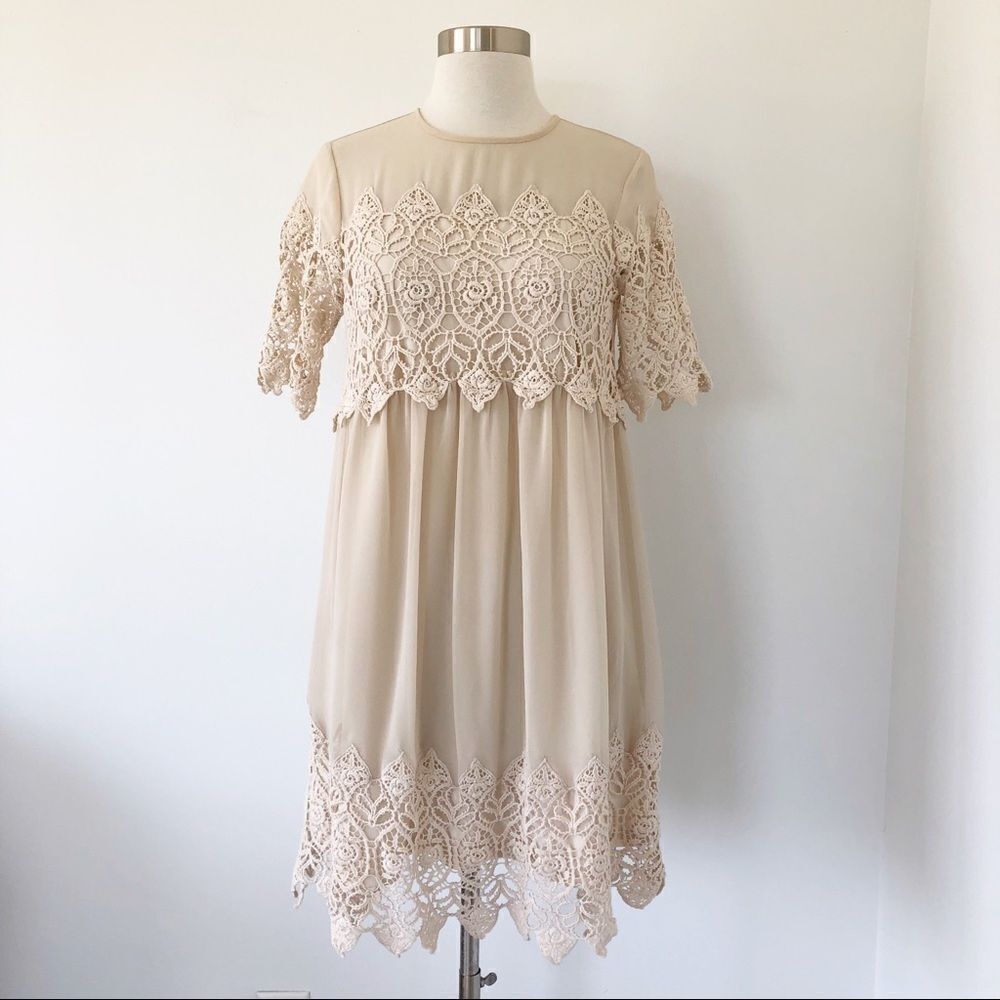 Miss Selfridge Beige Lace Empire Tunic Mini Dress Women Size 2 Romantic Lace